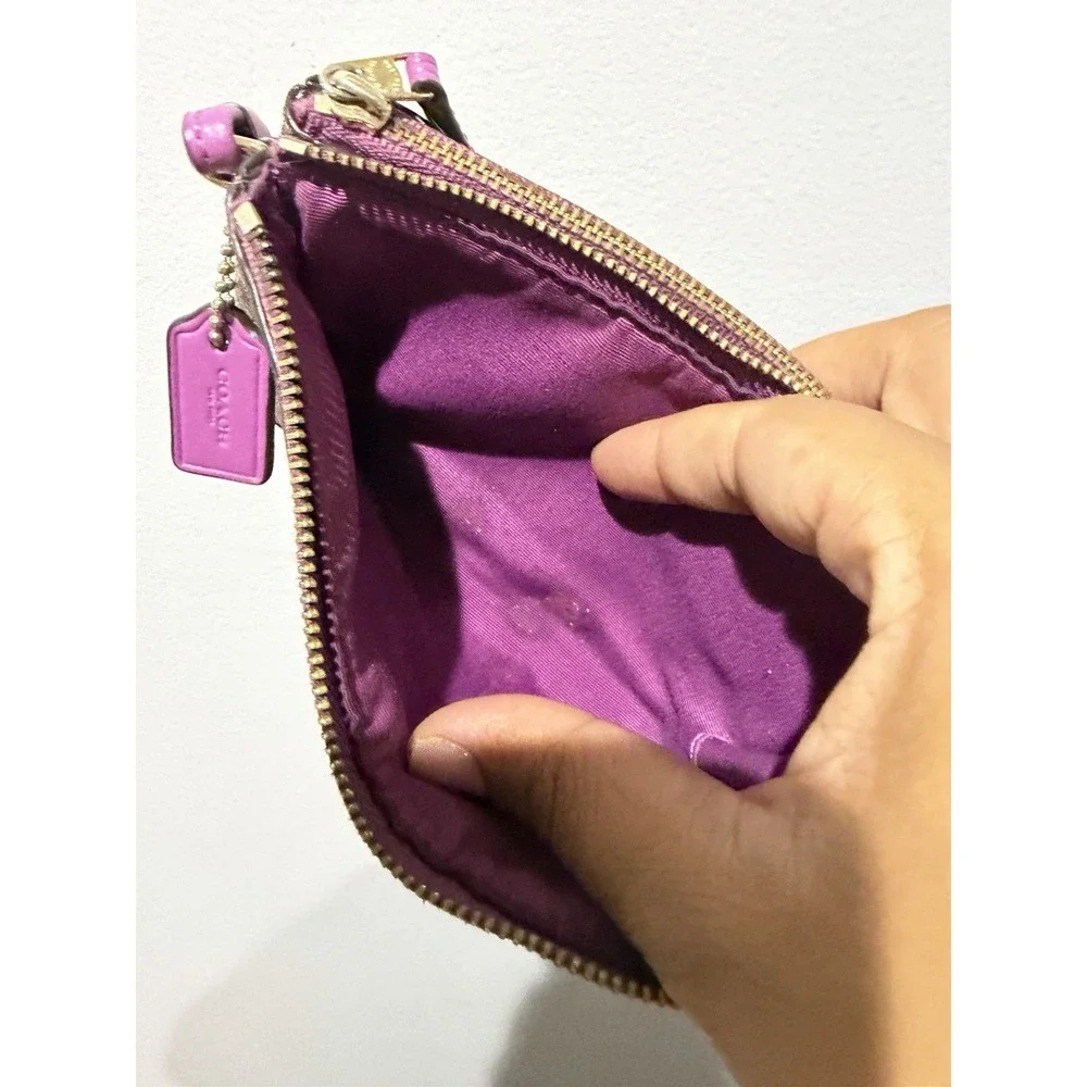 Coach Double Zip Large Wristlet Khaki /purple Signature P